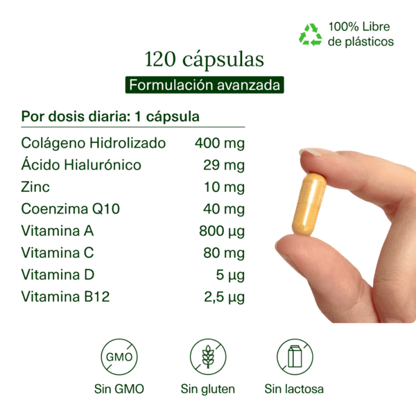 Colágeno Hidrolizado con Ácido Hialurónico, Coenzima Q10, Zinc y Vitaminas Aldous | 120 Cápsulas