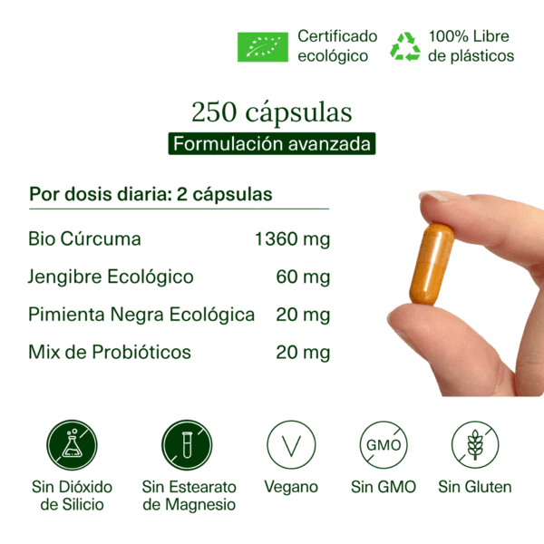 Cúrcuma Ecológica con Jengibre, Pimienta Negra y Probióticos Aldous Bio | 250 Cápsulas