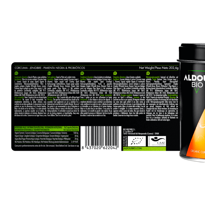 Cúrcuma Ecológica con Jengibre, Pimienta Negra y Probióticos Aldous Bio | 250 Cápsulas