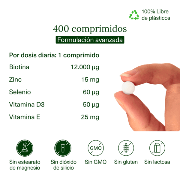 Biotina con Zinc, Selenio, Vitamina D3 y Vitamina E  Aldous | 400 Comprimidos