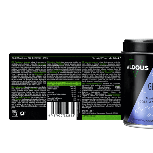 Glucosamina, Condroitina, MSM, Colágeno, Ácido Hialurónico, Zinc, Calcio y Vitamina D3 | 200 comprimidos | Aldous