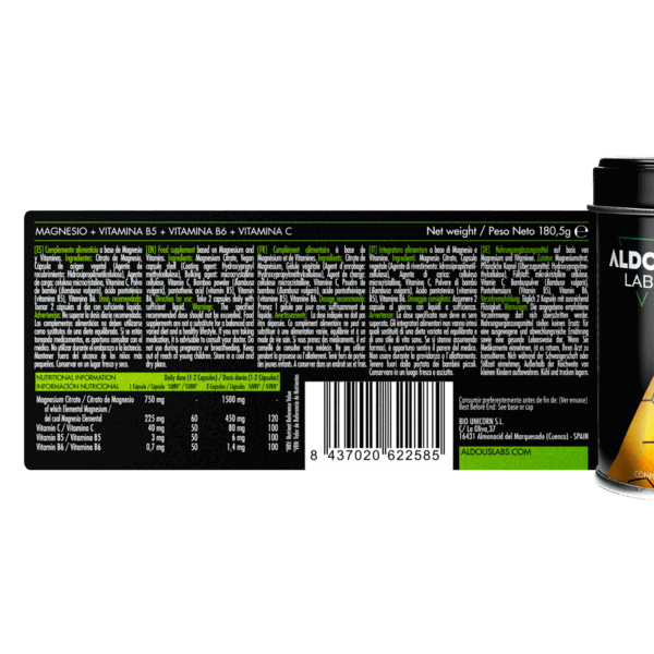 Magnesio con Vitamina C, B5 y B6 Aldous Labs | 200 Cápsulas