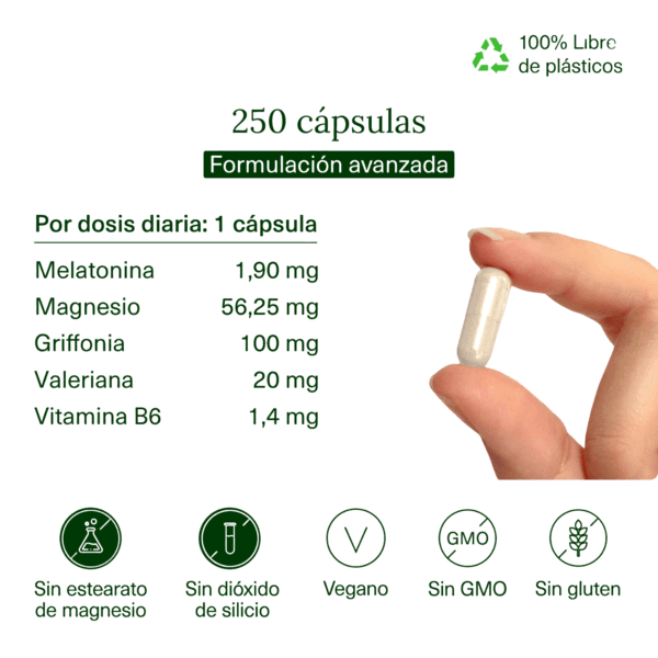 Melatonina con Magnesio, Griffonia, Valeriana y Vitamina B6 Aldous | 250 Cápsulas